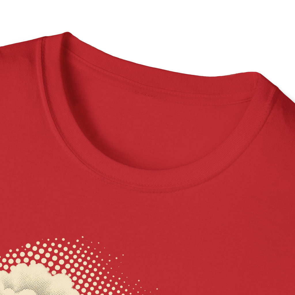 Red short-sleeve T-shirt close-up of crew neck and clean, plain front