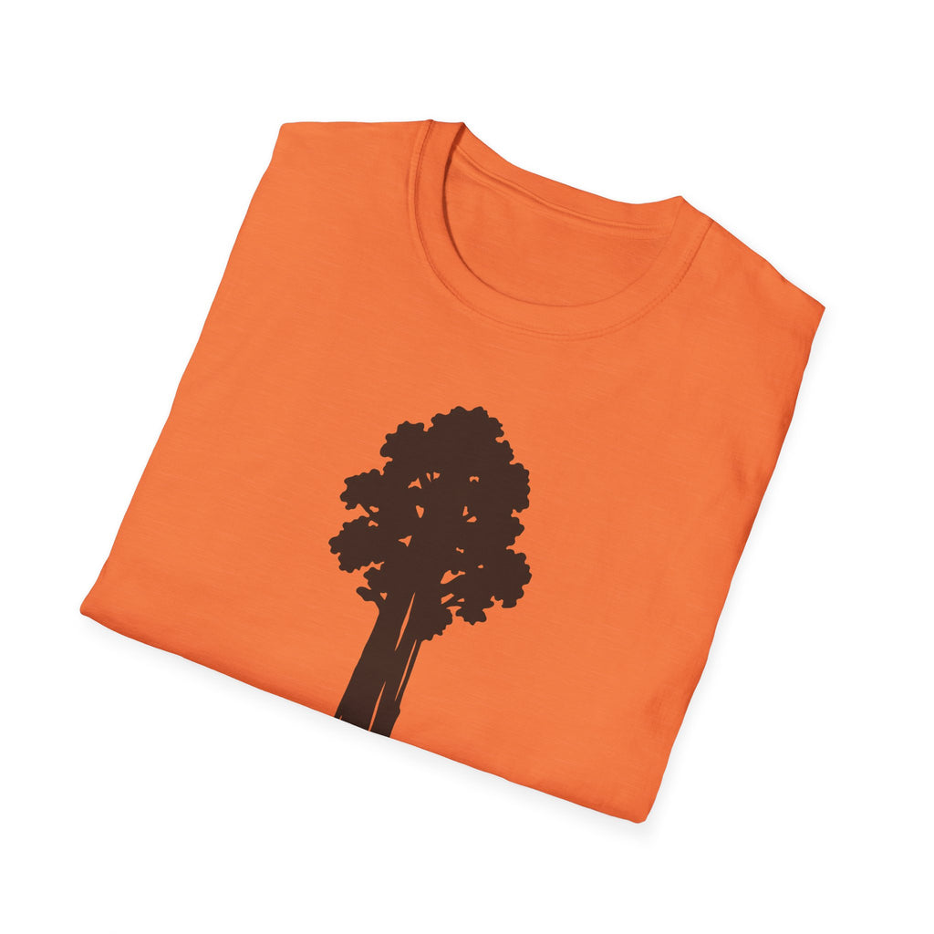 Orange graphic T-shirt with small tree icon