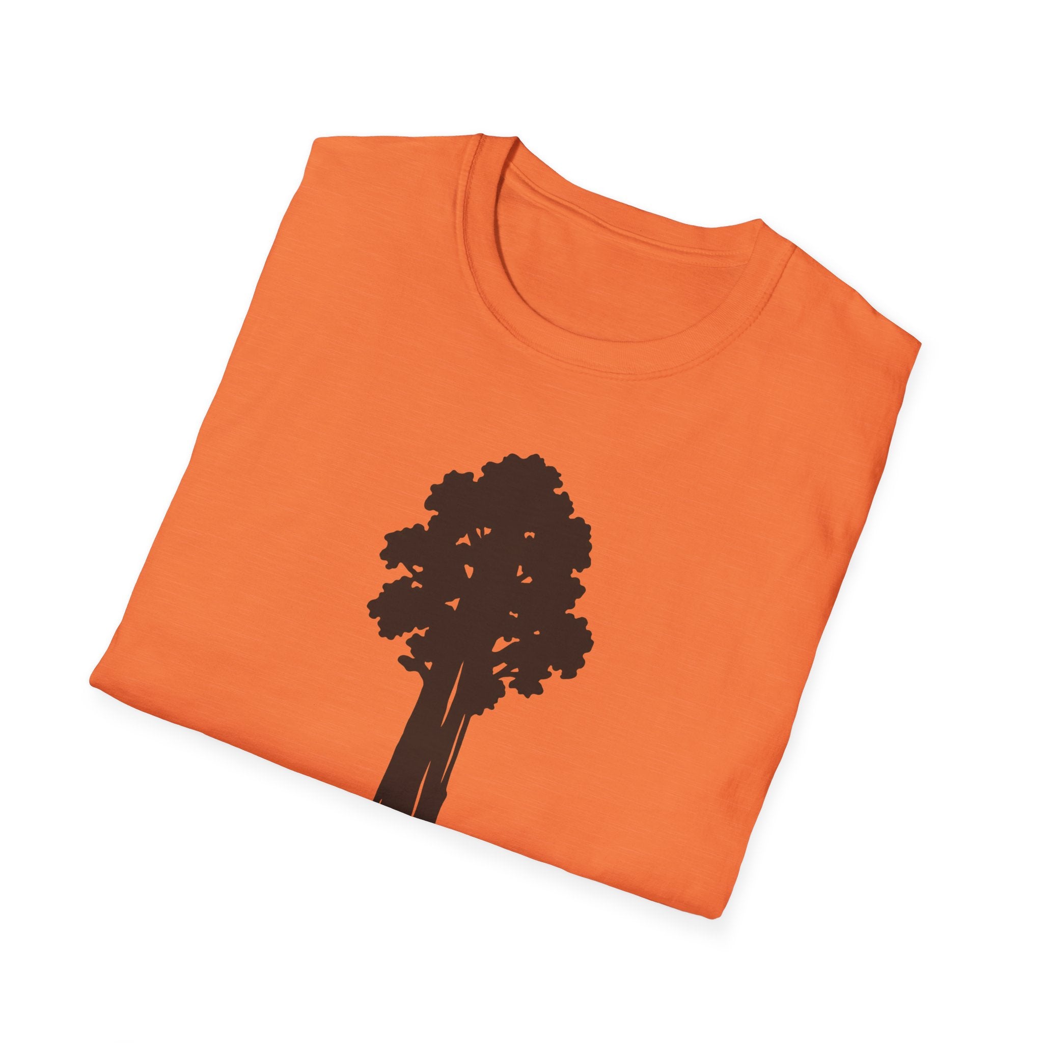 Orange graphic T-shirt with small tree icon