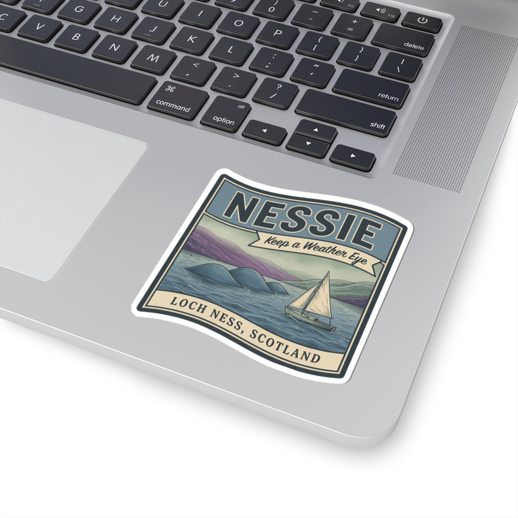 Loch Ness Scotland sticker on a laptop keyboard with Nessie and sailboat illustration