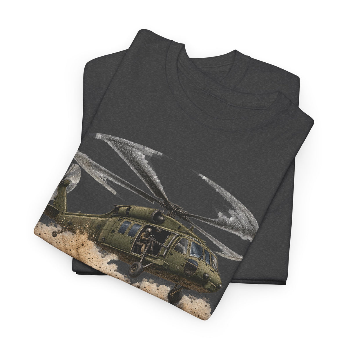 Dark gray crew neck t-shirt with helicopter graphic print on front.