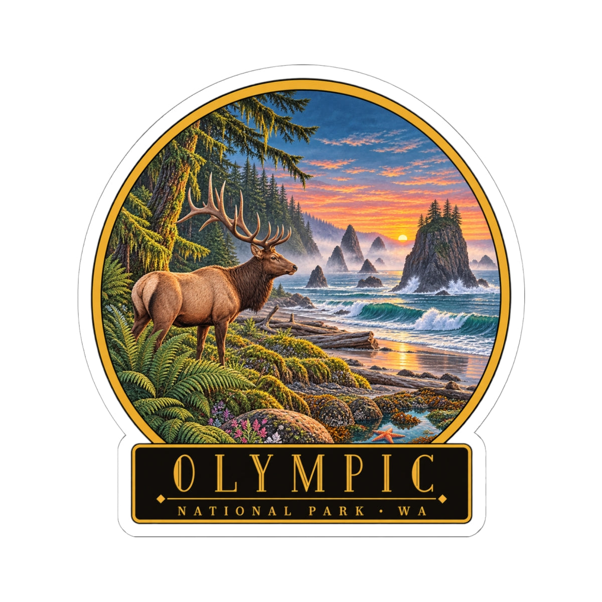 Round landscape elk-and-coast sticker with Olympic National Park WA title text, kiss-cut