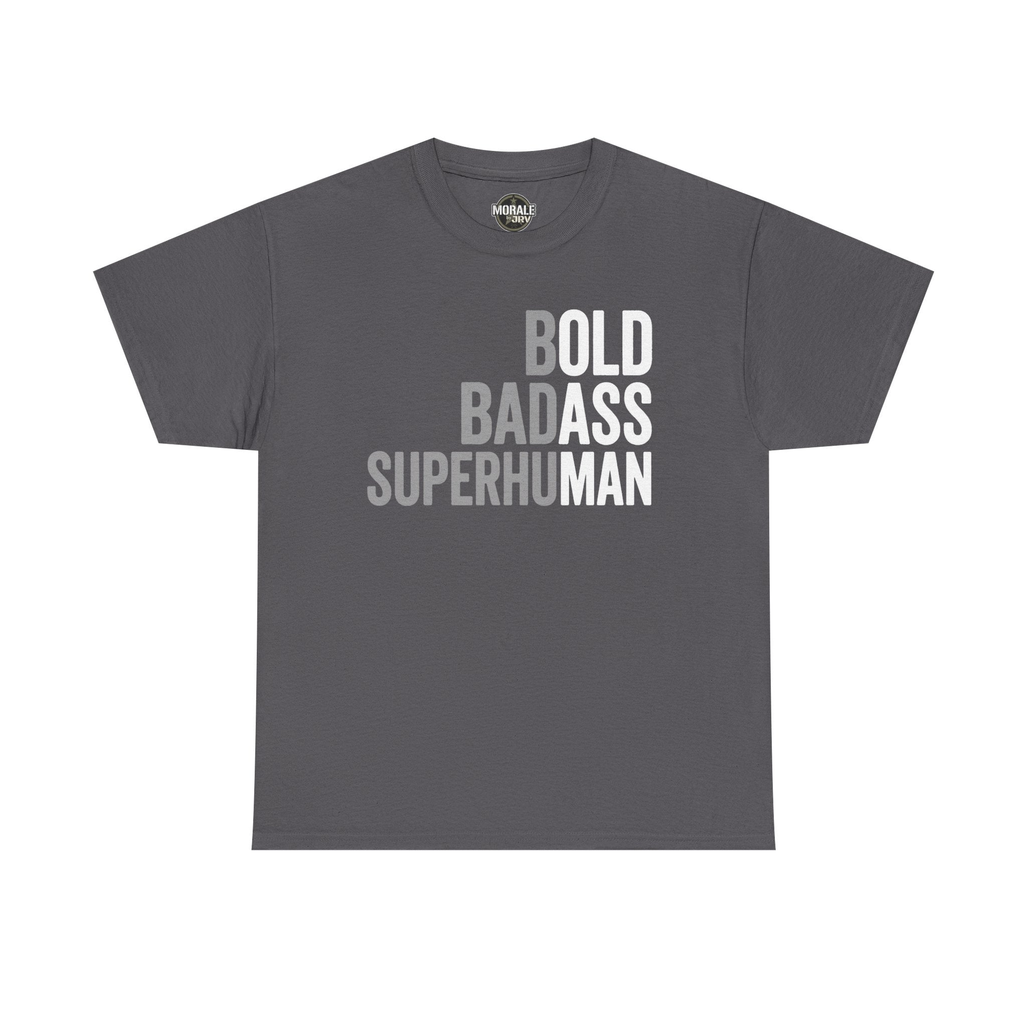 Men's charcoal graphic t-shirt with Bold Badass Superhuman slogan print