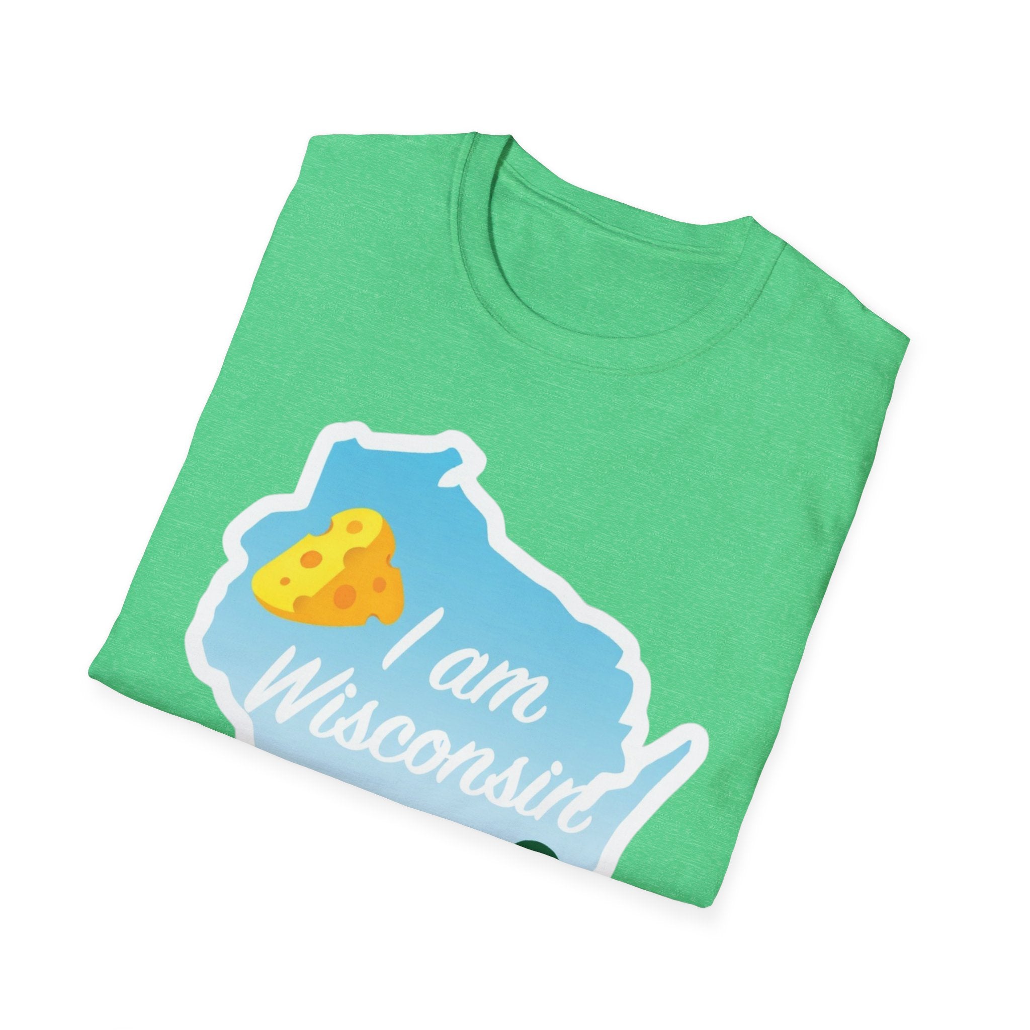Bright green T-shirt with Wisconsin outline, cheese and landscape, “I am Wisconsin”