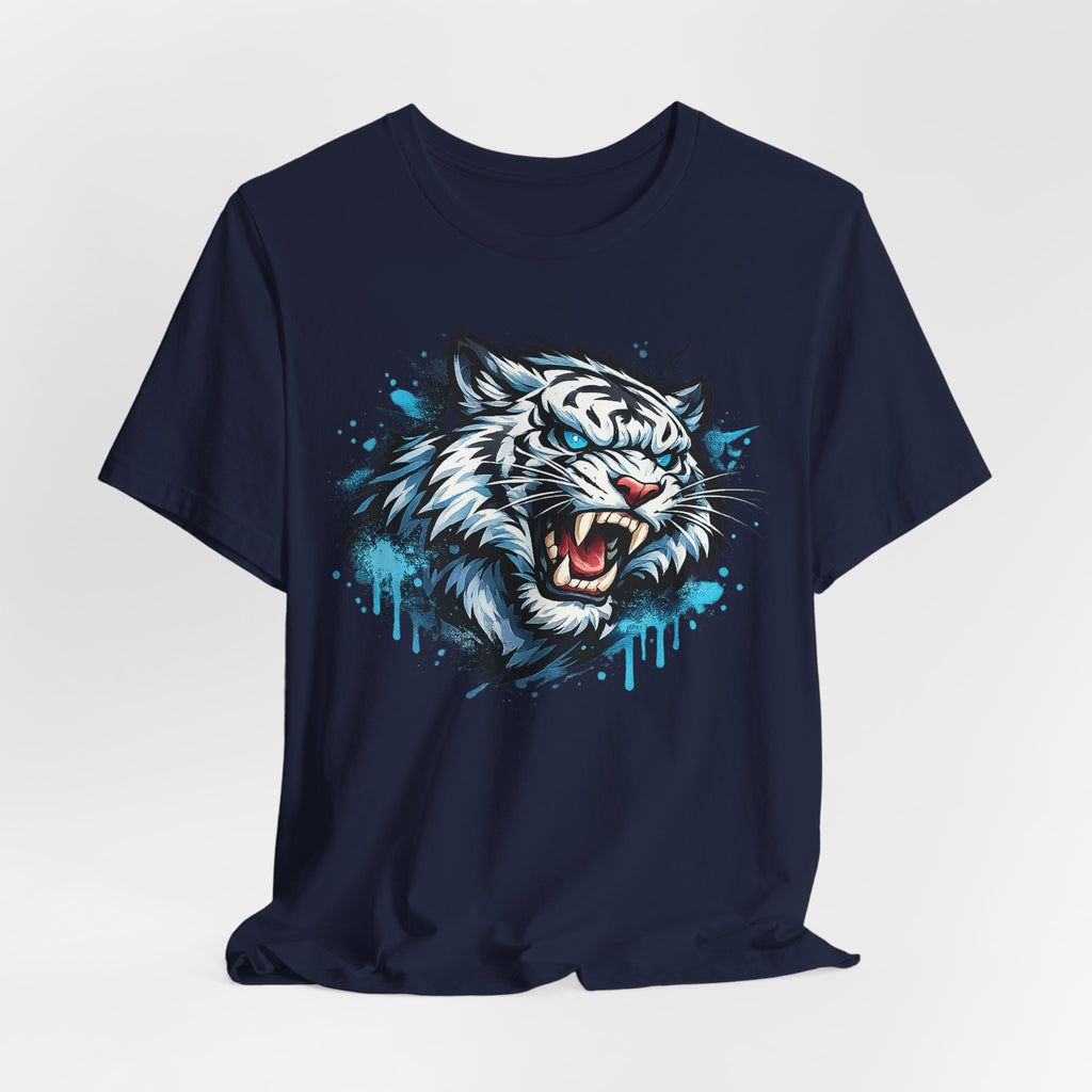 Navy unisex crew-neck T-shirt featuring roaring tiger head graphic with blue drip