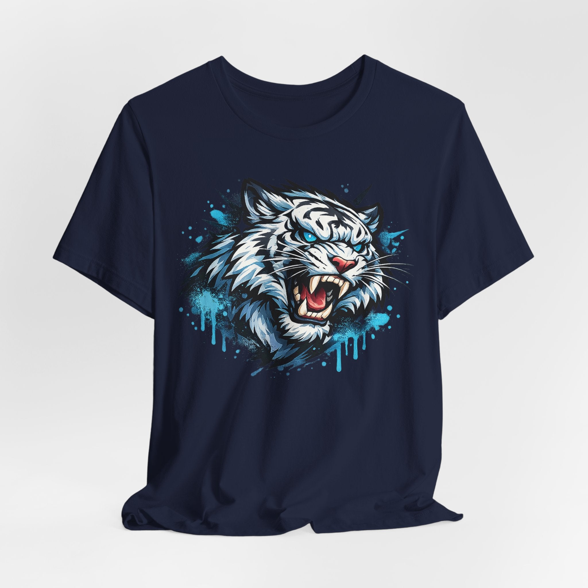 Navy unisex crew-neck T-shirt featuring roaring tiger head graphic with blue drip