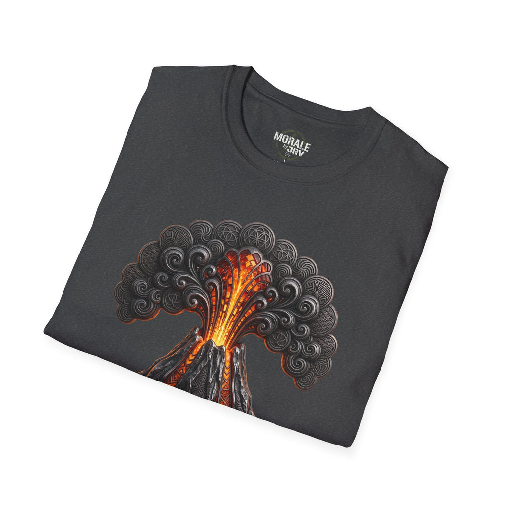 Dark T-shirt with erupting volcano and lava smoke graphic on the front.