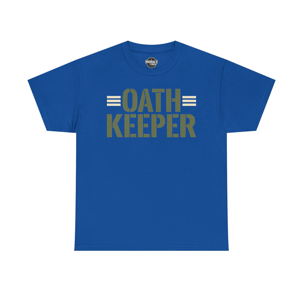Oath Keeper graphic T-shirt, royal blue with green stencil-style “OATH KEEPER” print