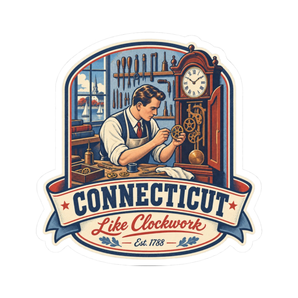 Connecticut emblem sticker showing a barber at work, Like Clockwork ribbon, Est 1788