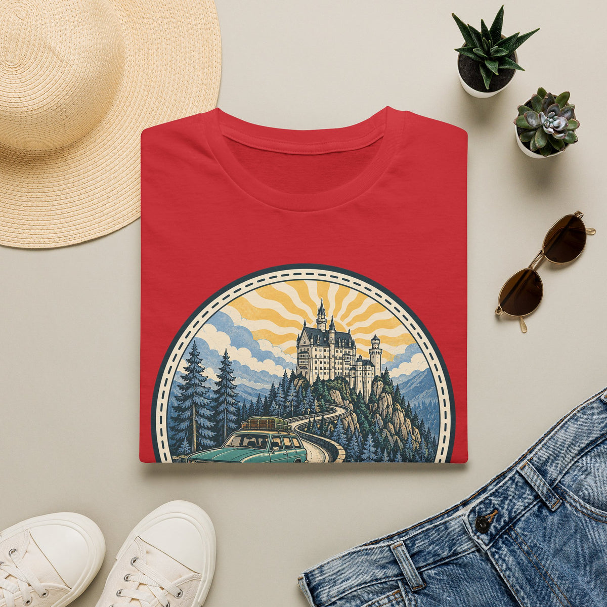 Red crewneck T-shirt with circular illustrated castle graphic on the front