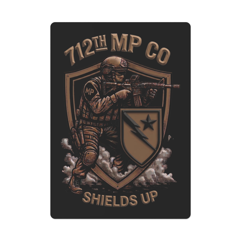 Poker cards featuring 712th MP Co Shields Up artwork on a dark card face