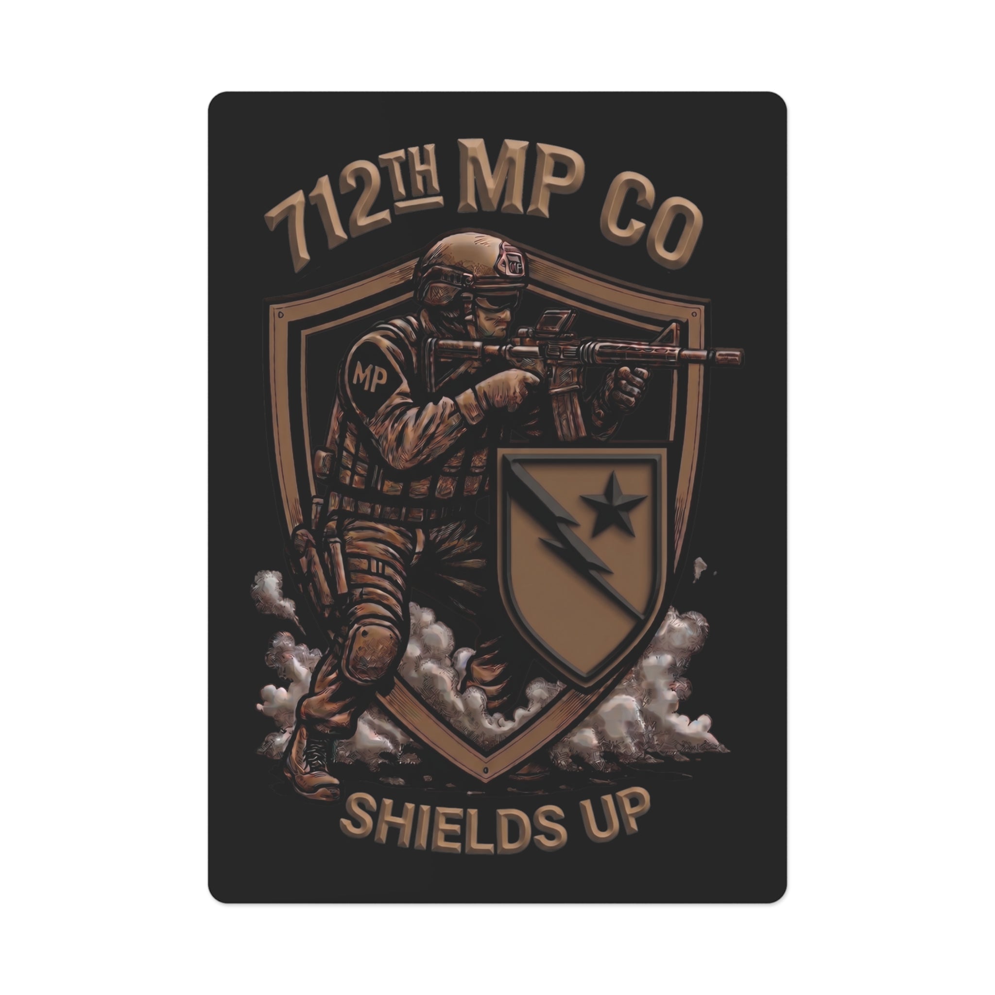 Poker cards featuring 712th MP Co Shields Up artwork on a dark card face