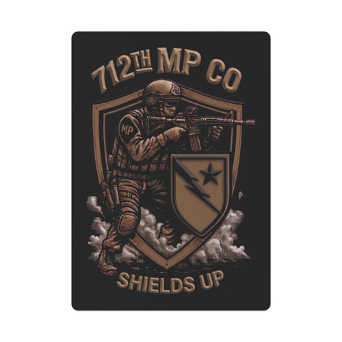 Poker cards featuring 712th MP Co Shields Up artwork on a dark card face