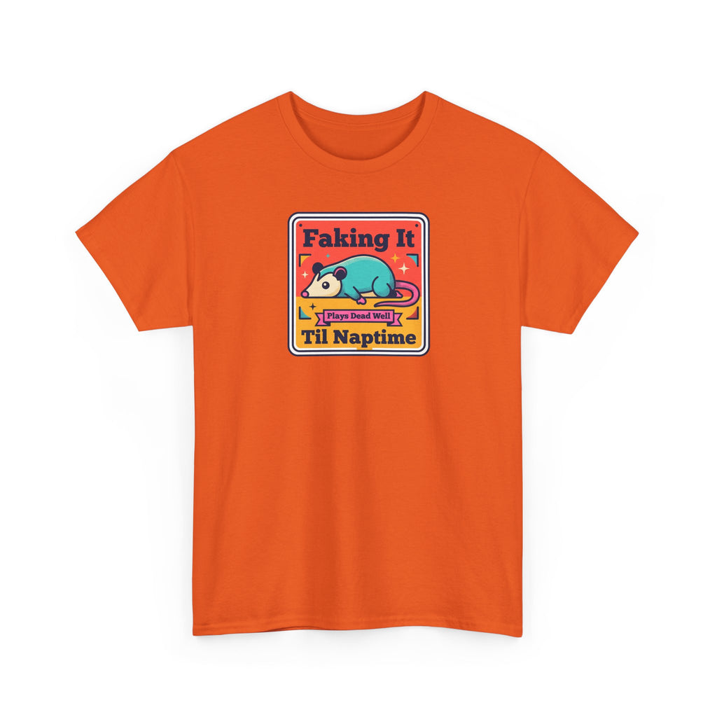 Orange T-shirt with crew neck and sleeping panda graphic on chest