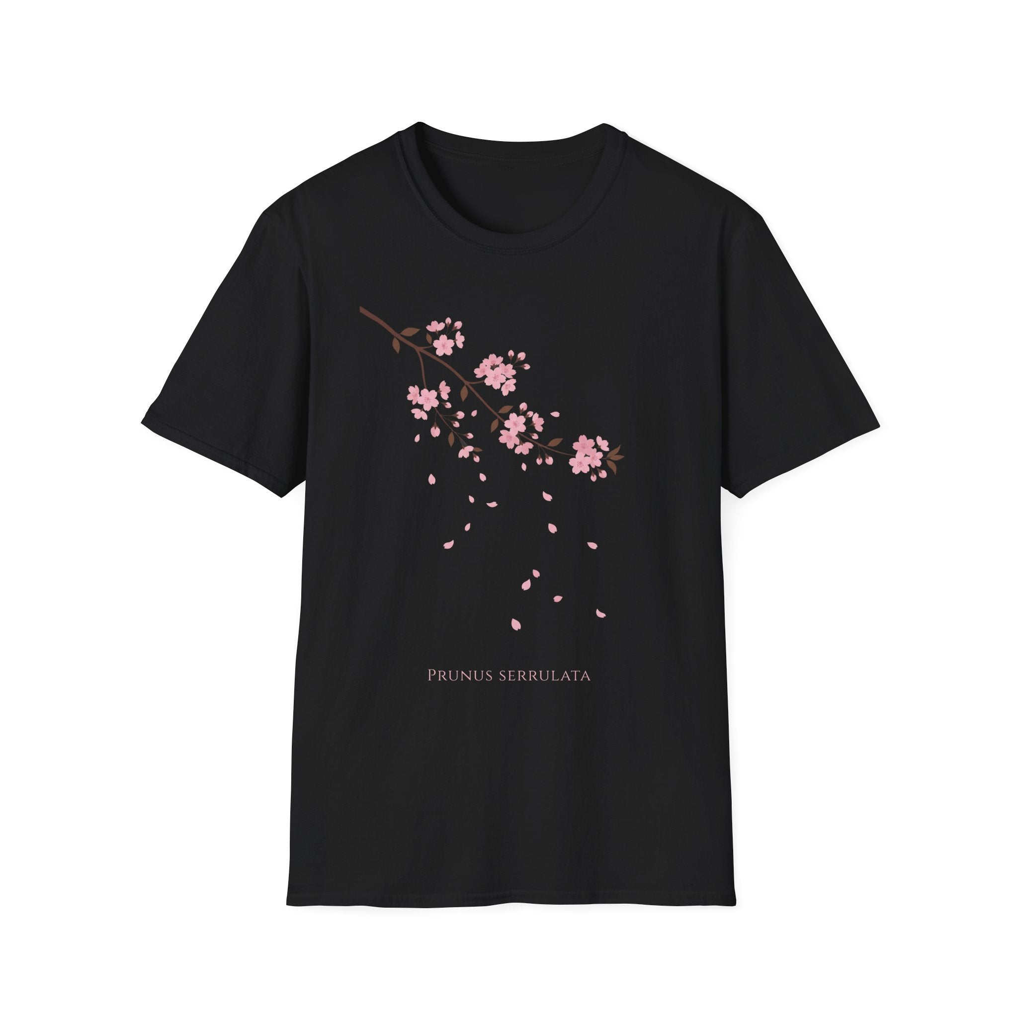 Cherry Blossom Branch T-Shirt, black with pink sakura branch and falling petals graphic