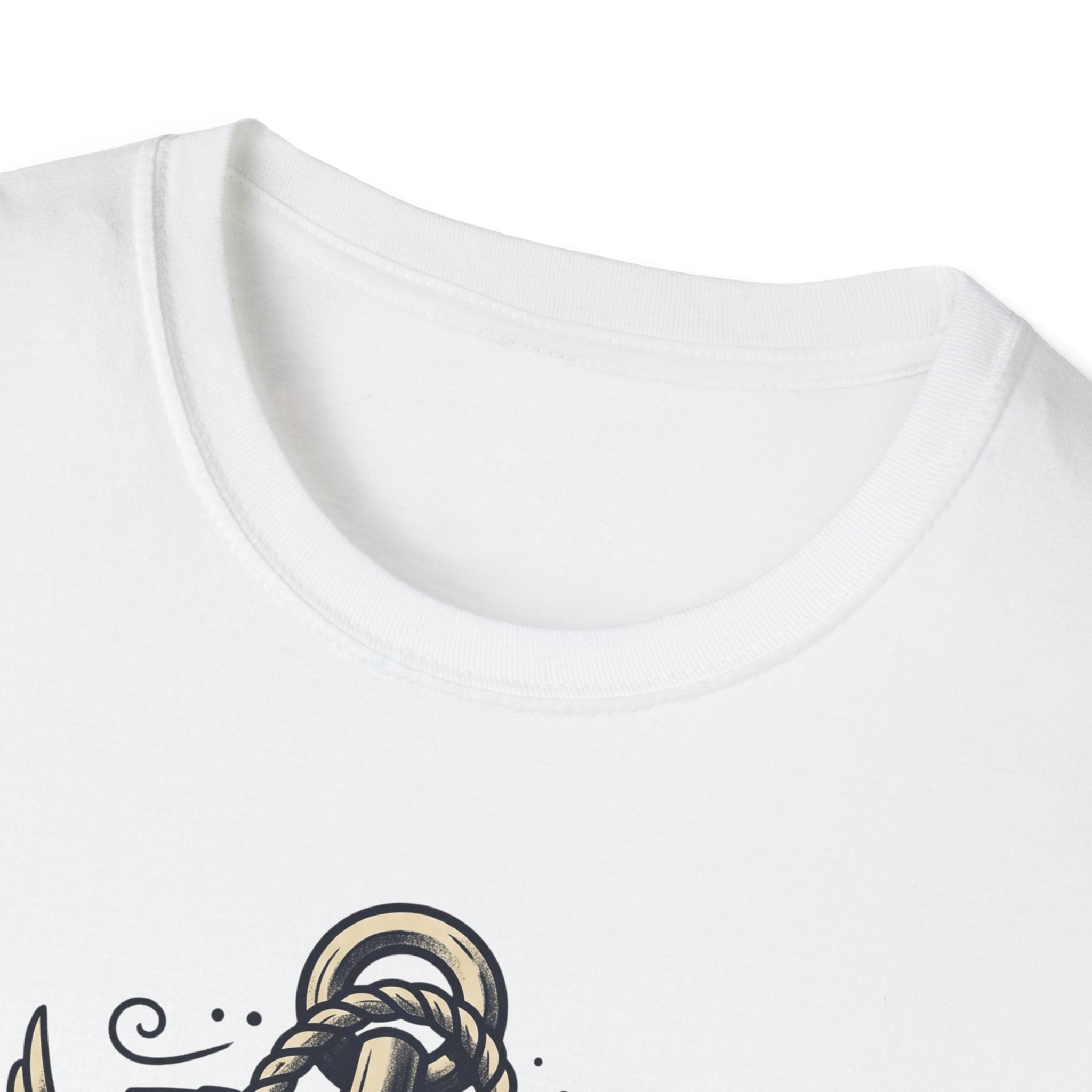 White sailor skull anchor T-shirt, crew neck with partial nautical tattoo graphic