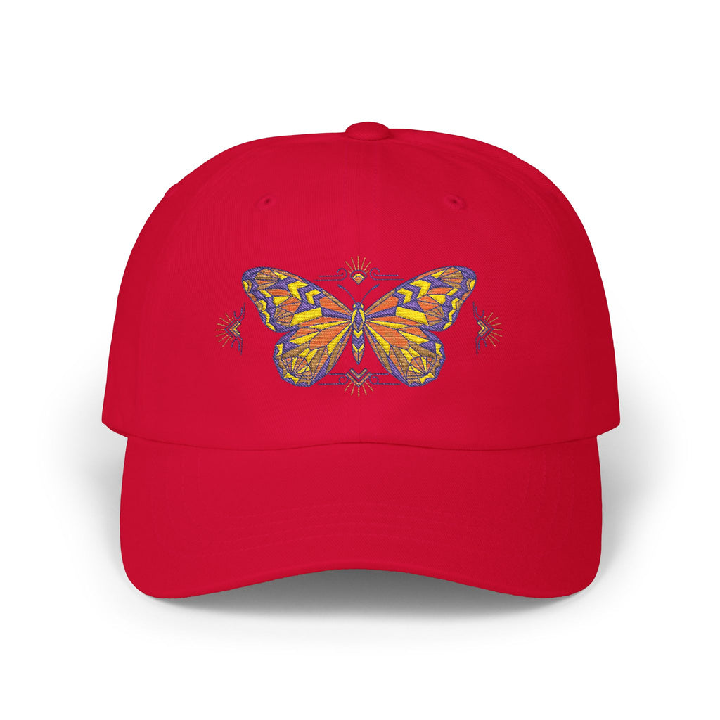 Cranberry red dad cap with colorful butterfly-moth embroidery on the front panel