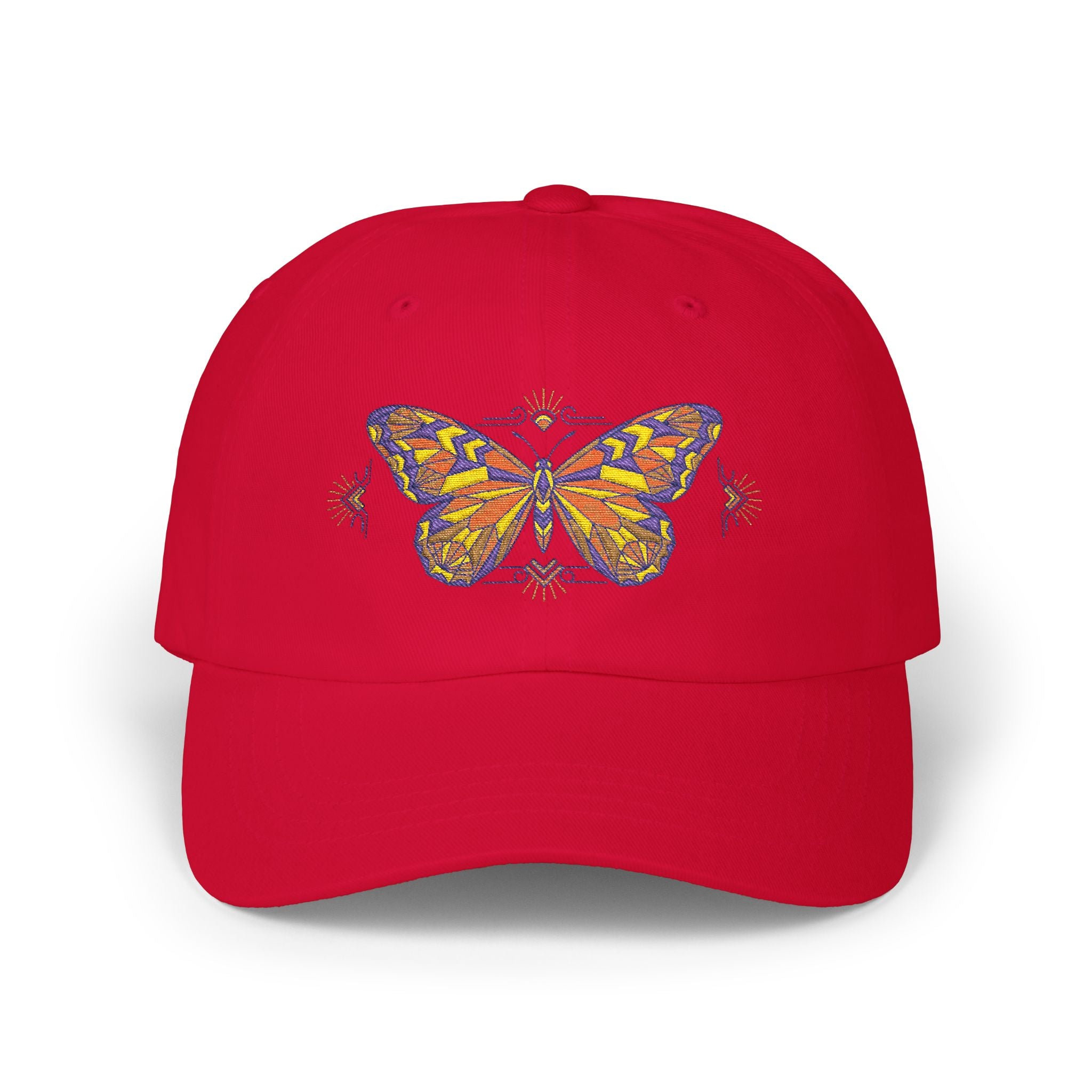 Cranberry red dad cap with colorful butterfly-moth embroidery on the front panel