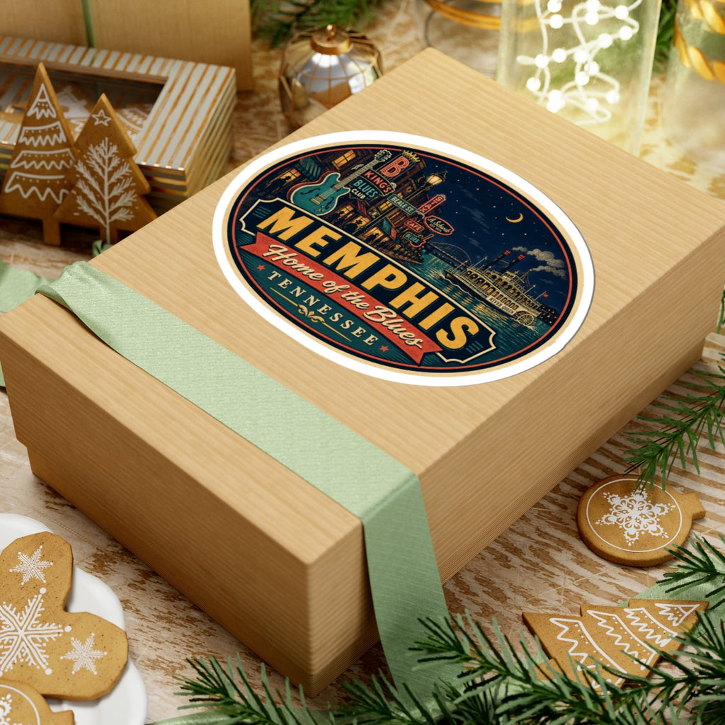 Round Memphis “Home of the Blues” Tennessee sticker on top of a gift box