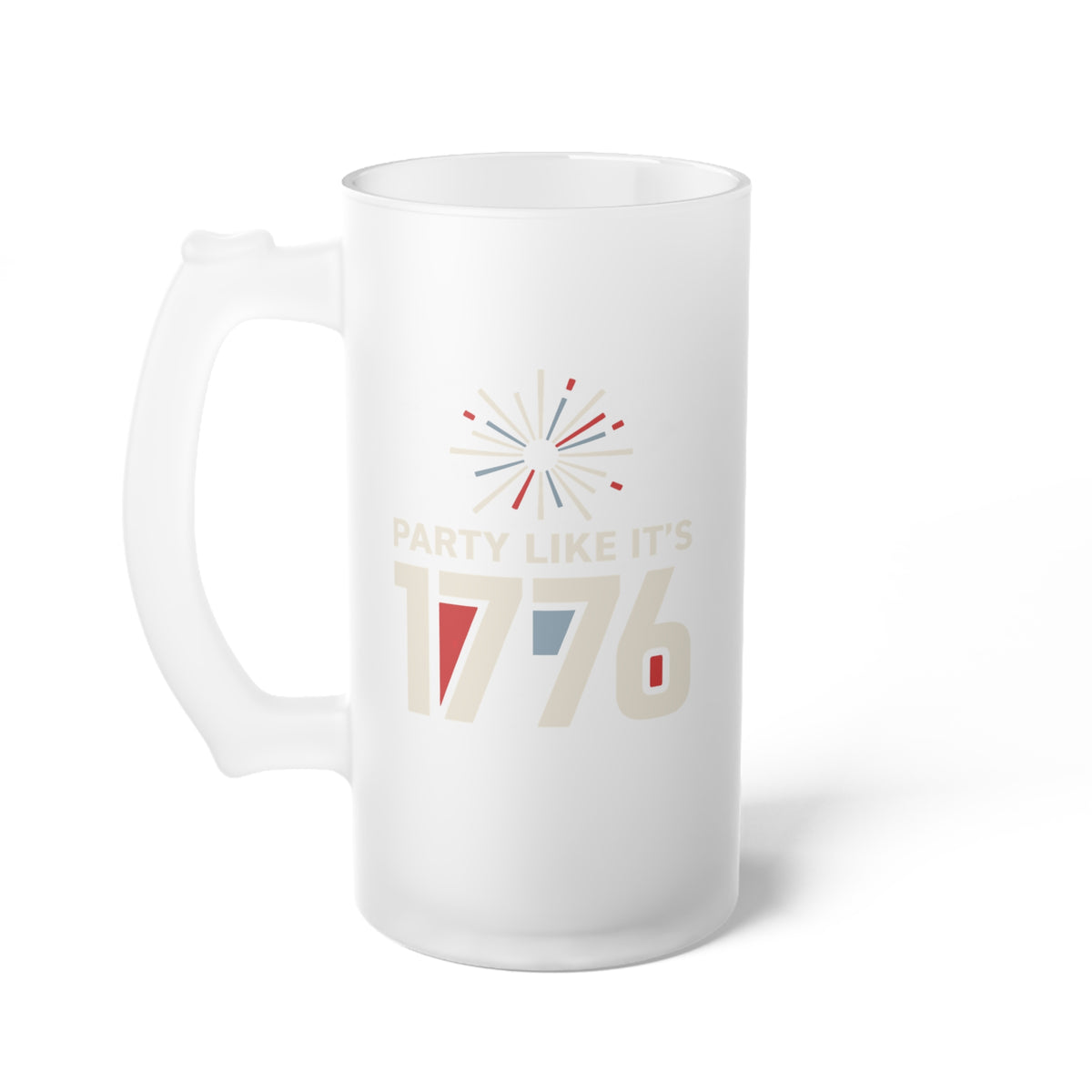 Frosted glass beer stein with colorful 1776 emblem and handle
