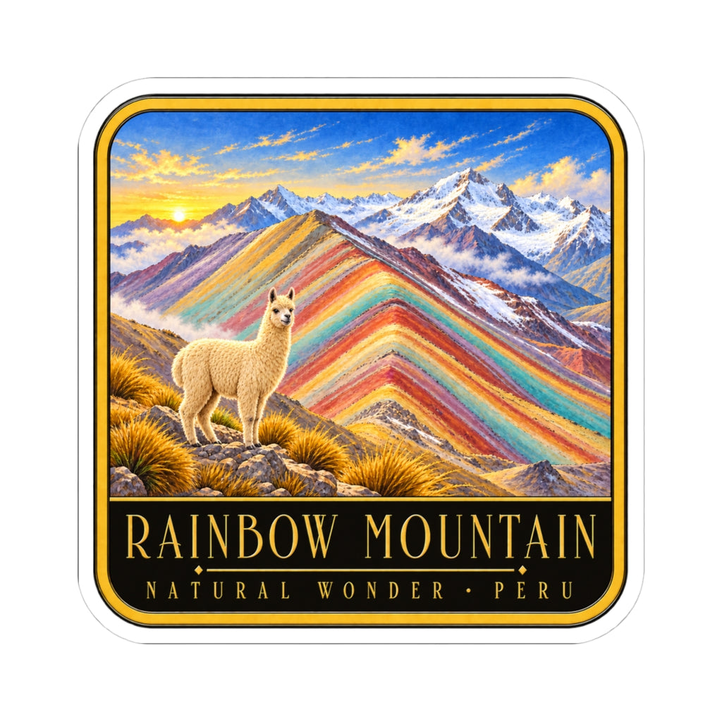 Rainbow Mountain kiss-cut vinyl sticker showing alpaca in front of rainbow-striped mountain range.