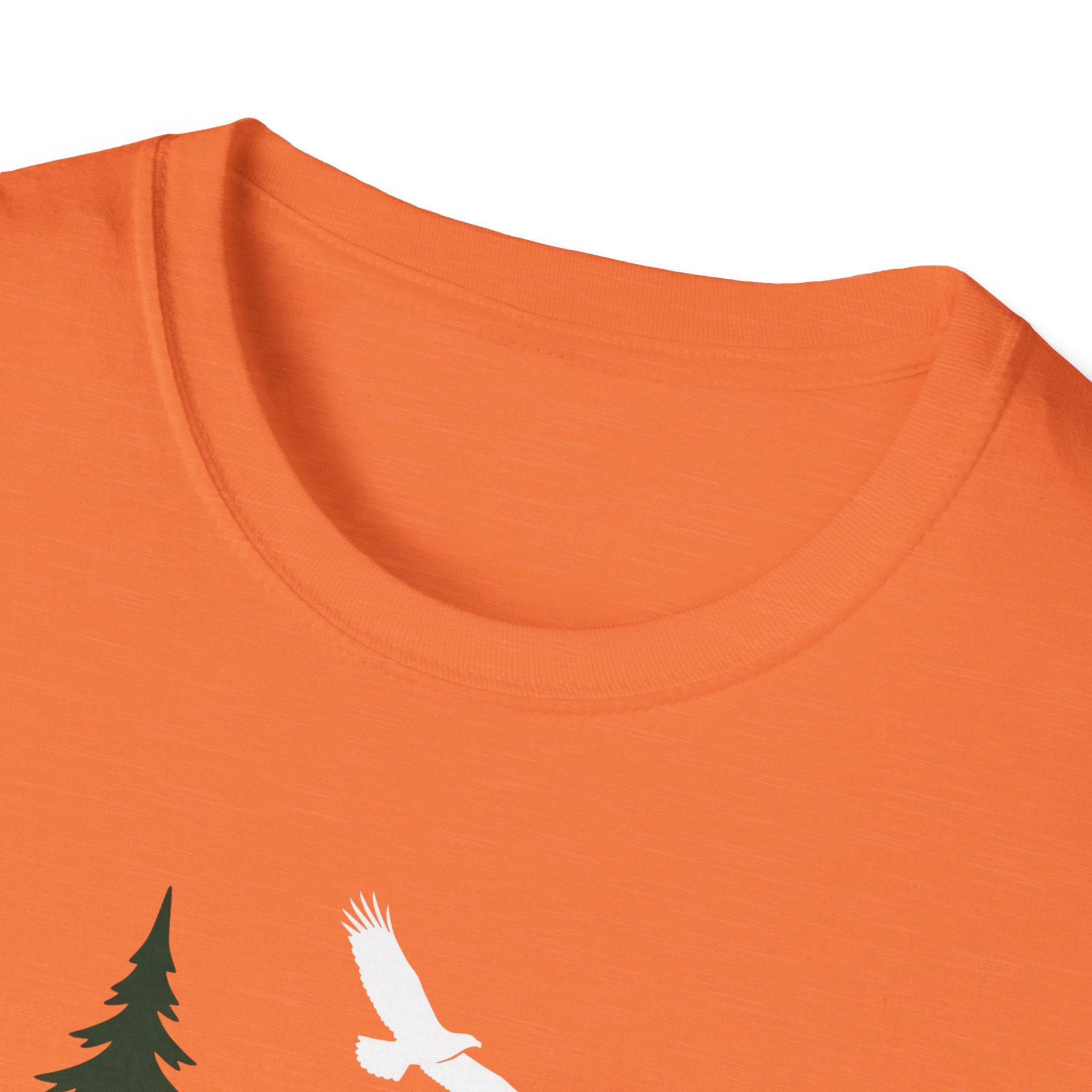 Orange crew-neck T-shirt neckline, partial pine tree and white bird print