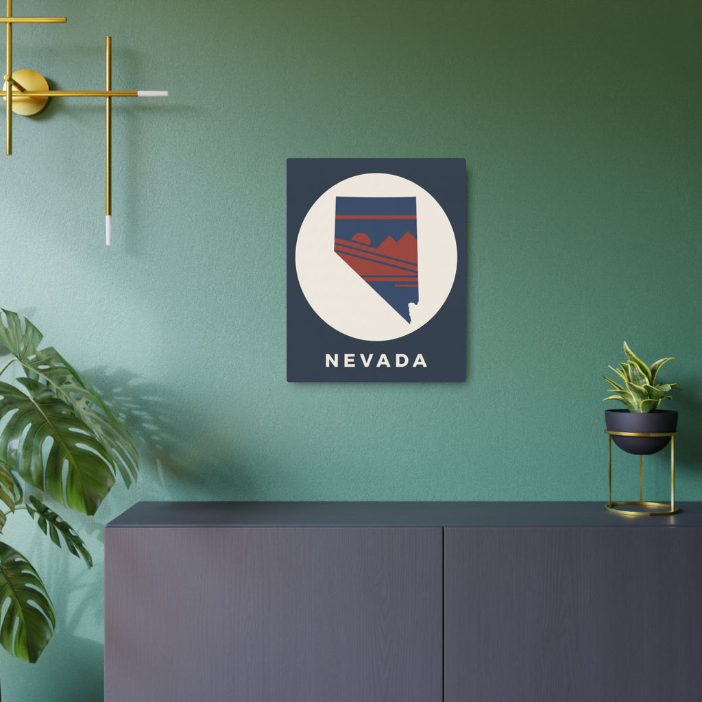 Retro badge metal sign featuring circular shield graphic and 'NEVADA' lettering