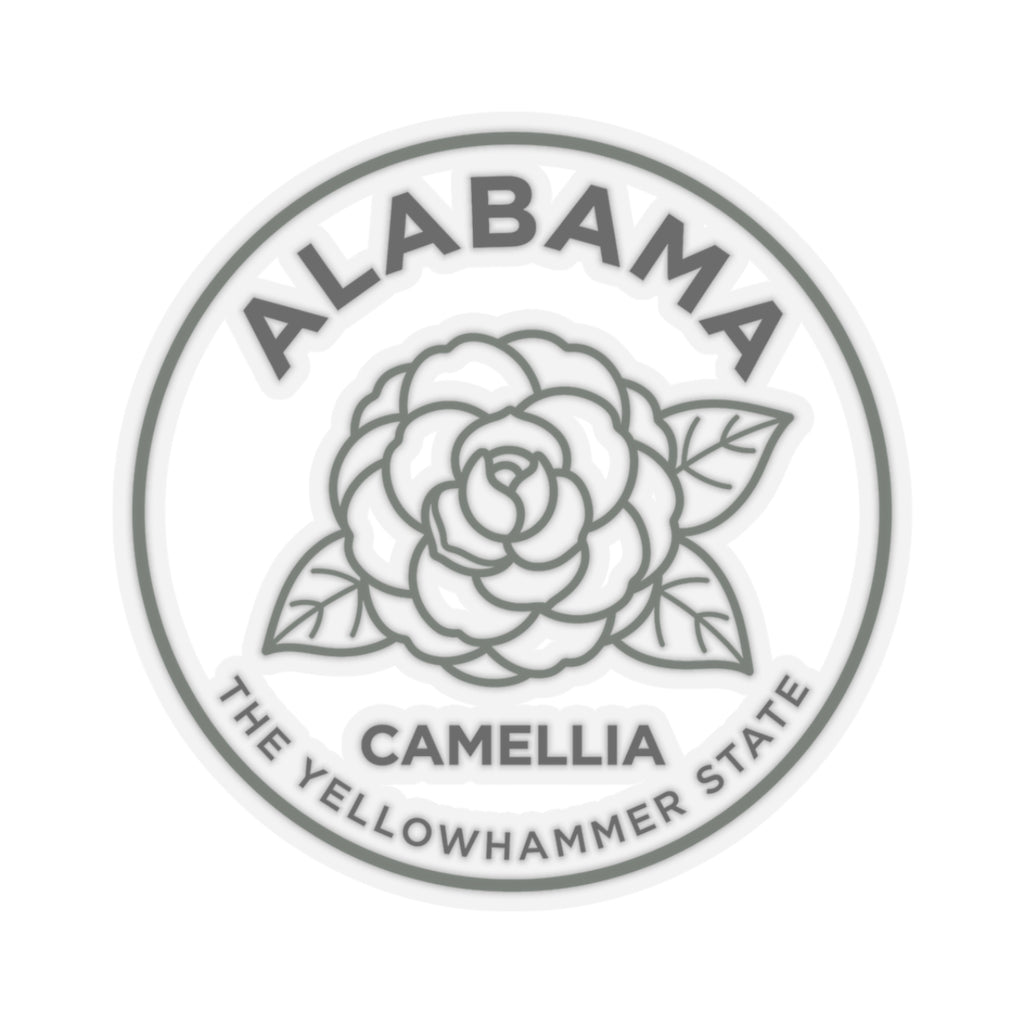 Circular Alabama camellia transparent vinyl sticker showing camellia flower and Yellowhammer State text