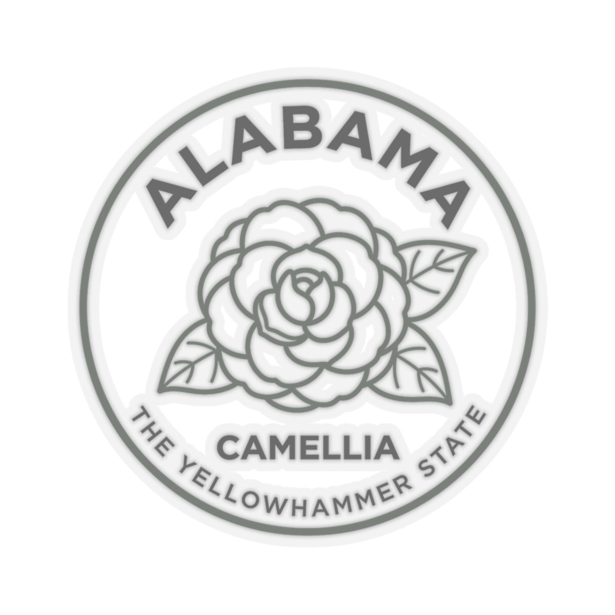 Circular Alabama camellia transparent vinyl sticker showing camellia flower and Yellowhammer State text