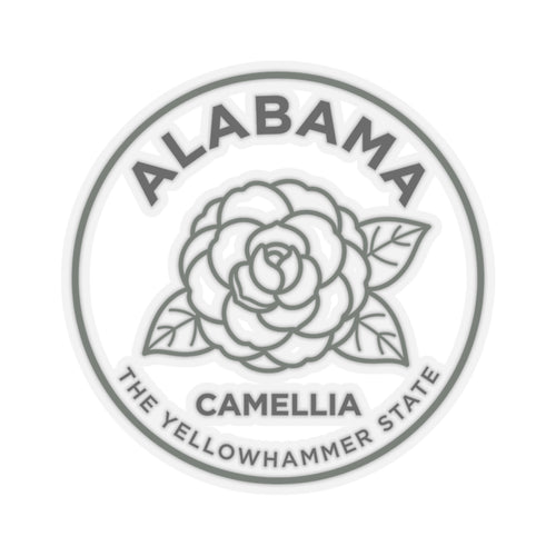 Circular Alabama camellia transparent vinyl sticker showing camellia flower and Yellowhammer State text