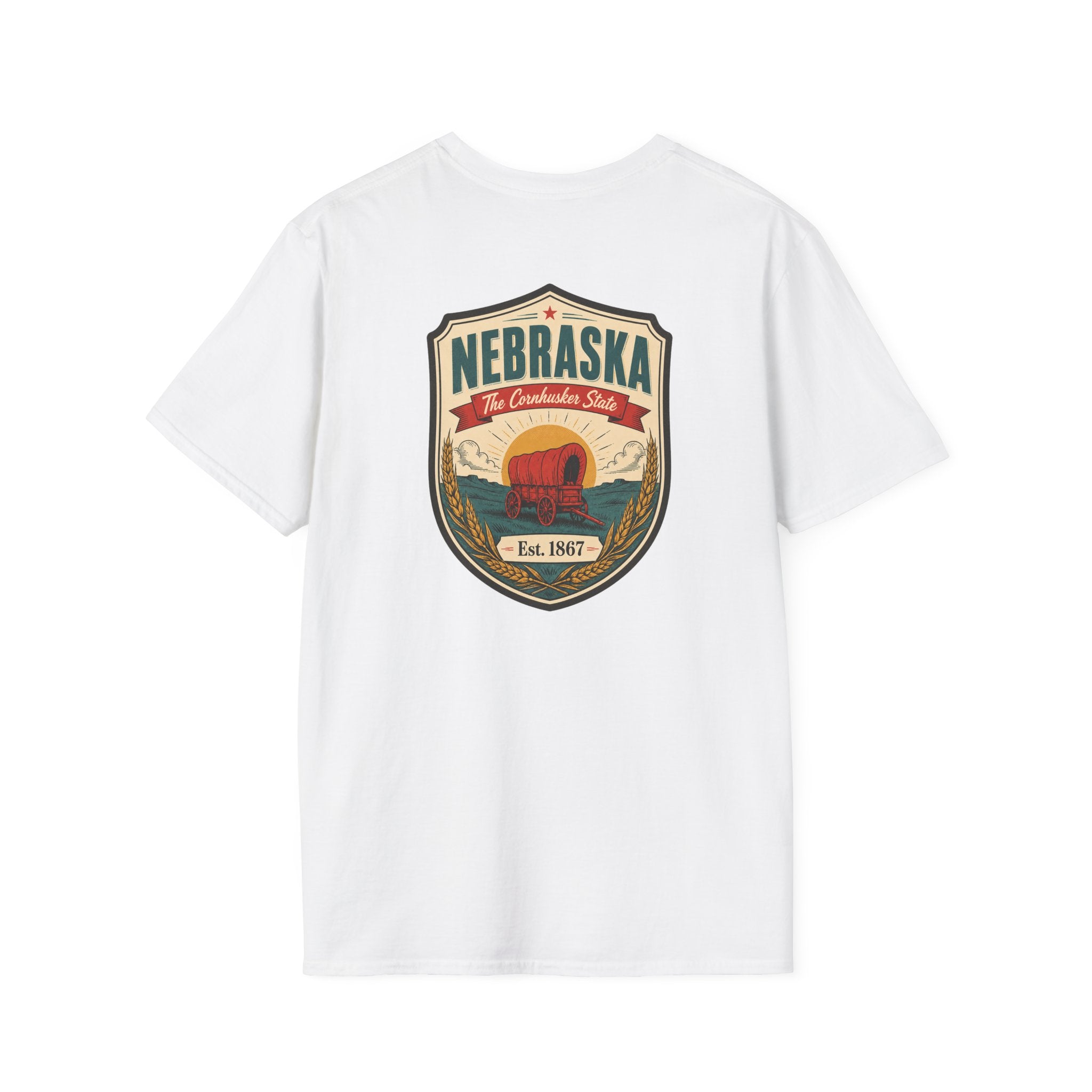White T-shirt with Nebraska shield graphic on front.