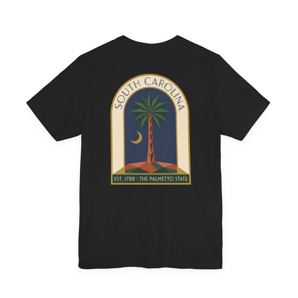 Black T-shirt with large South Carolina palmetto window graphic on back