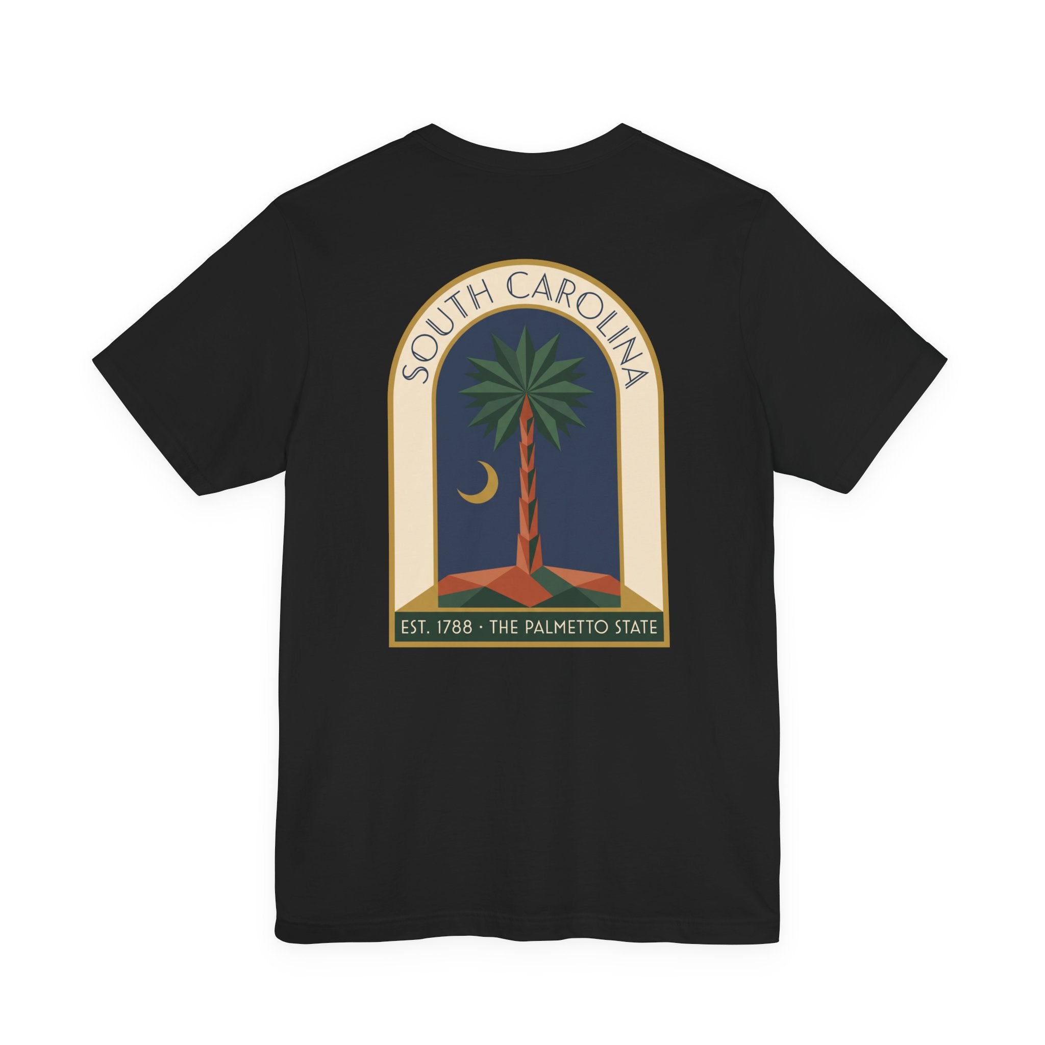 Black T-shirt with large South Carolina palmetto window graphic on back
