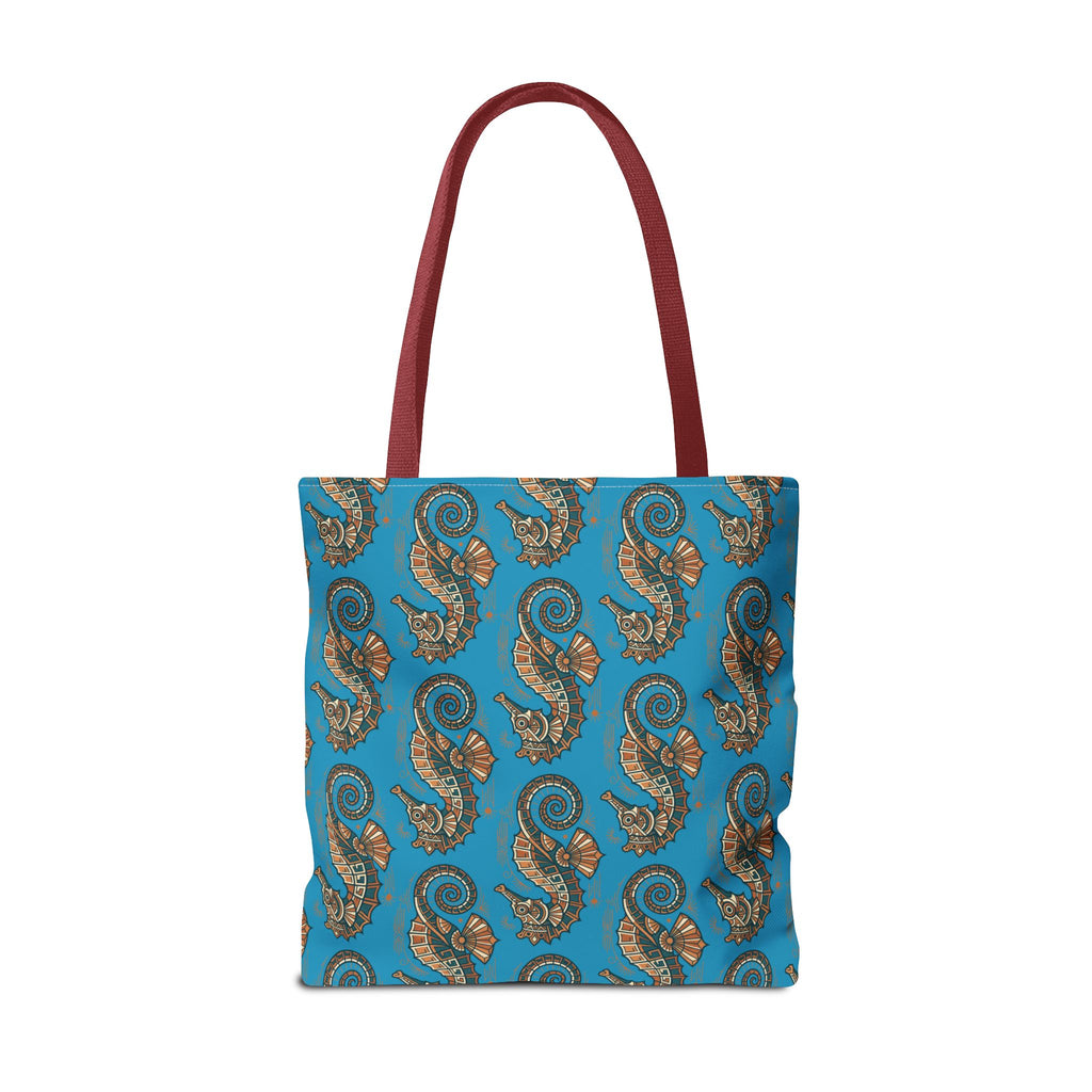 Seahorse pattern tote bag in blue with ornate steampunk seahorses; maroon handles