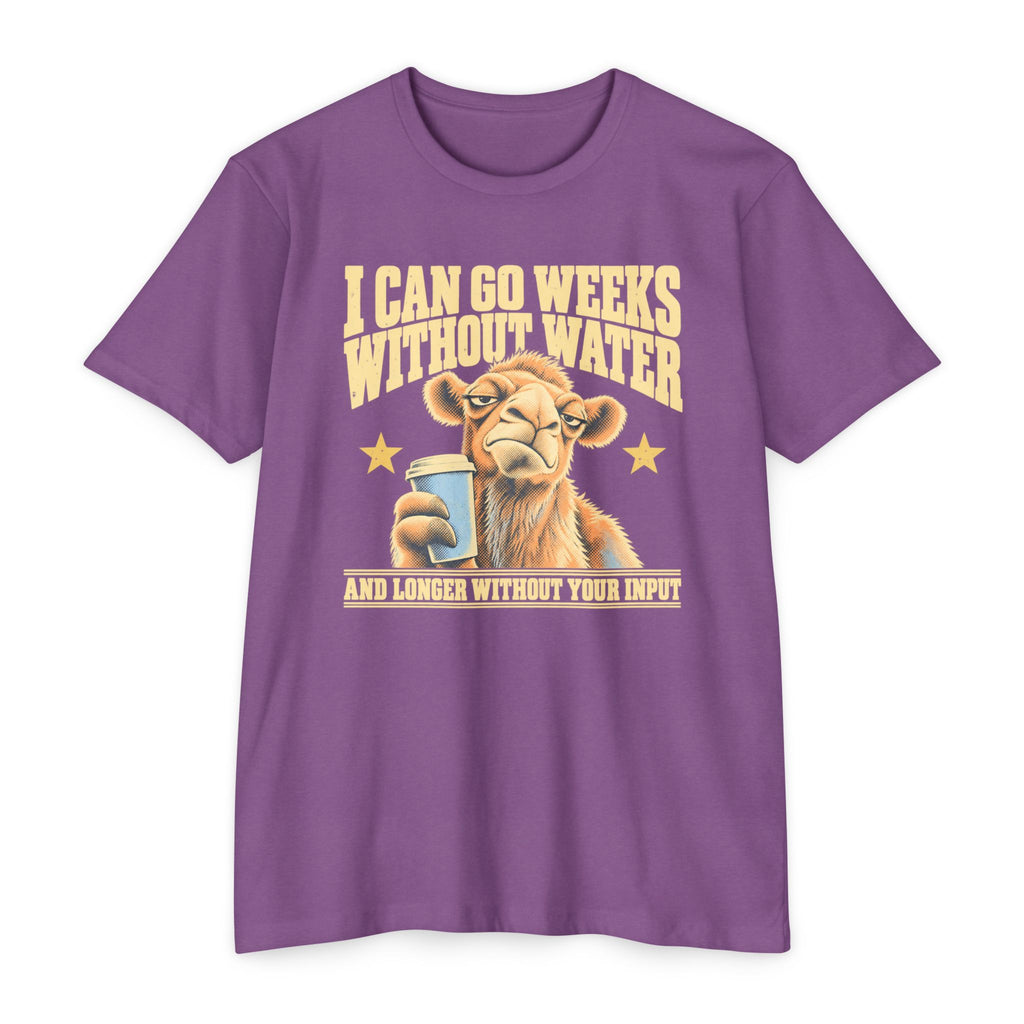 Purple t-shirt with camel holding coffee mug and 'weeks without water' slogan.