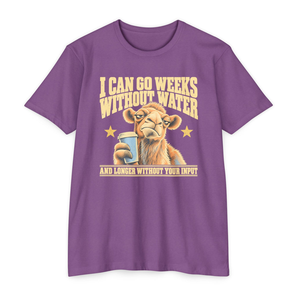 Purple t-shirt with camel holding coffee mug and 'weeks without water' slogan.