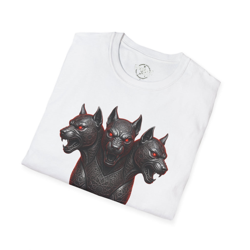 White three-headed Cerberus dog T-shirt, three heads graphic on front