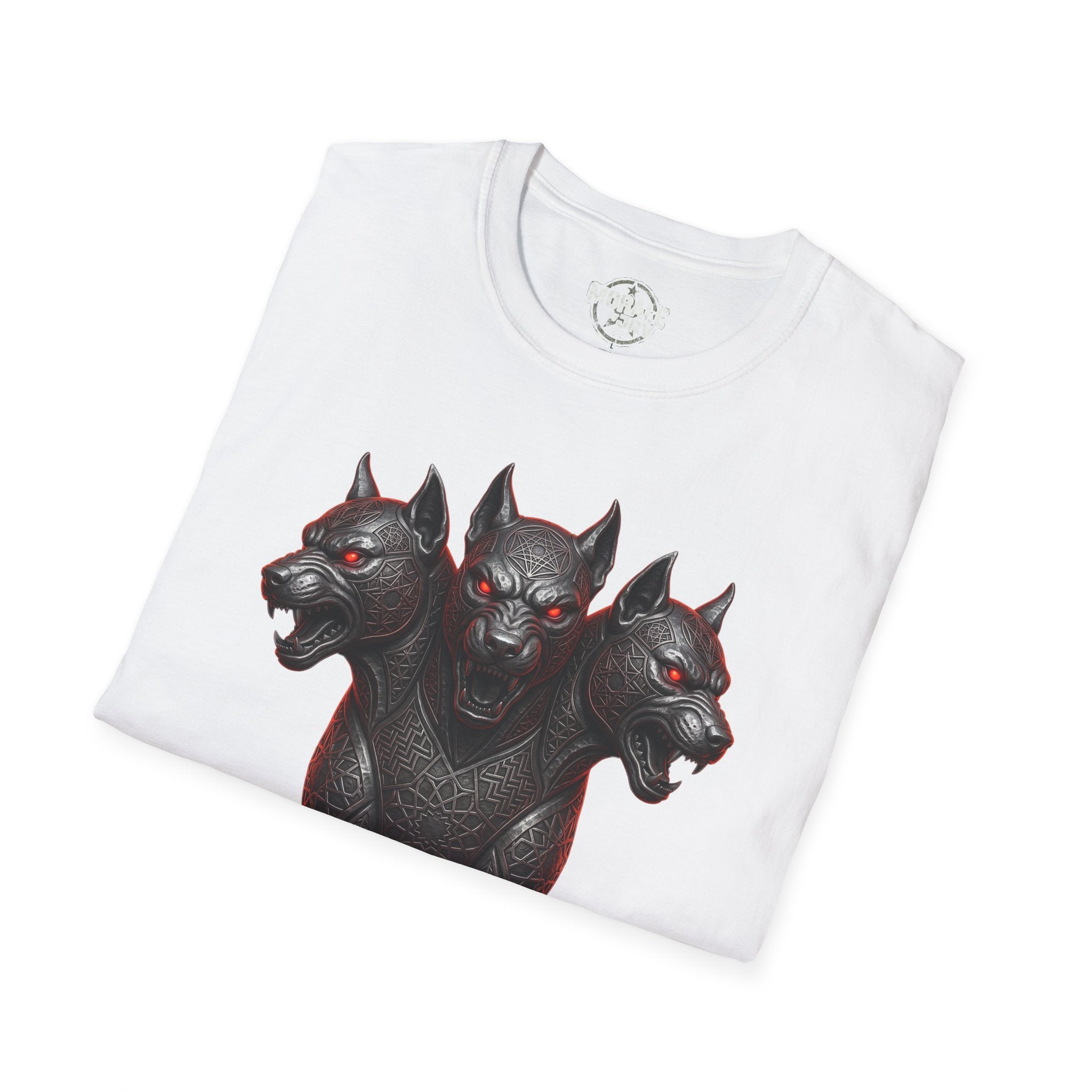White three-headed Cerberus dog T-shirt, three heads graphic on front