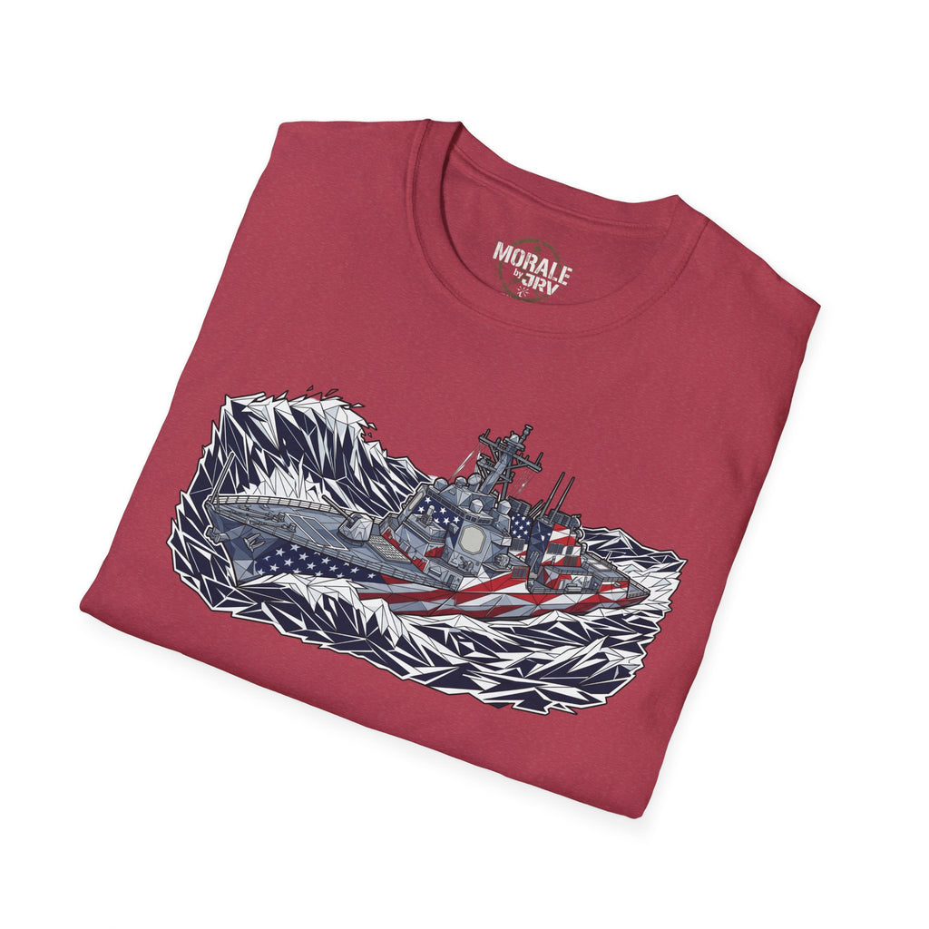 Maroon crew-neck tee with full battleship graphic and American flag wave design