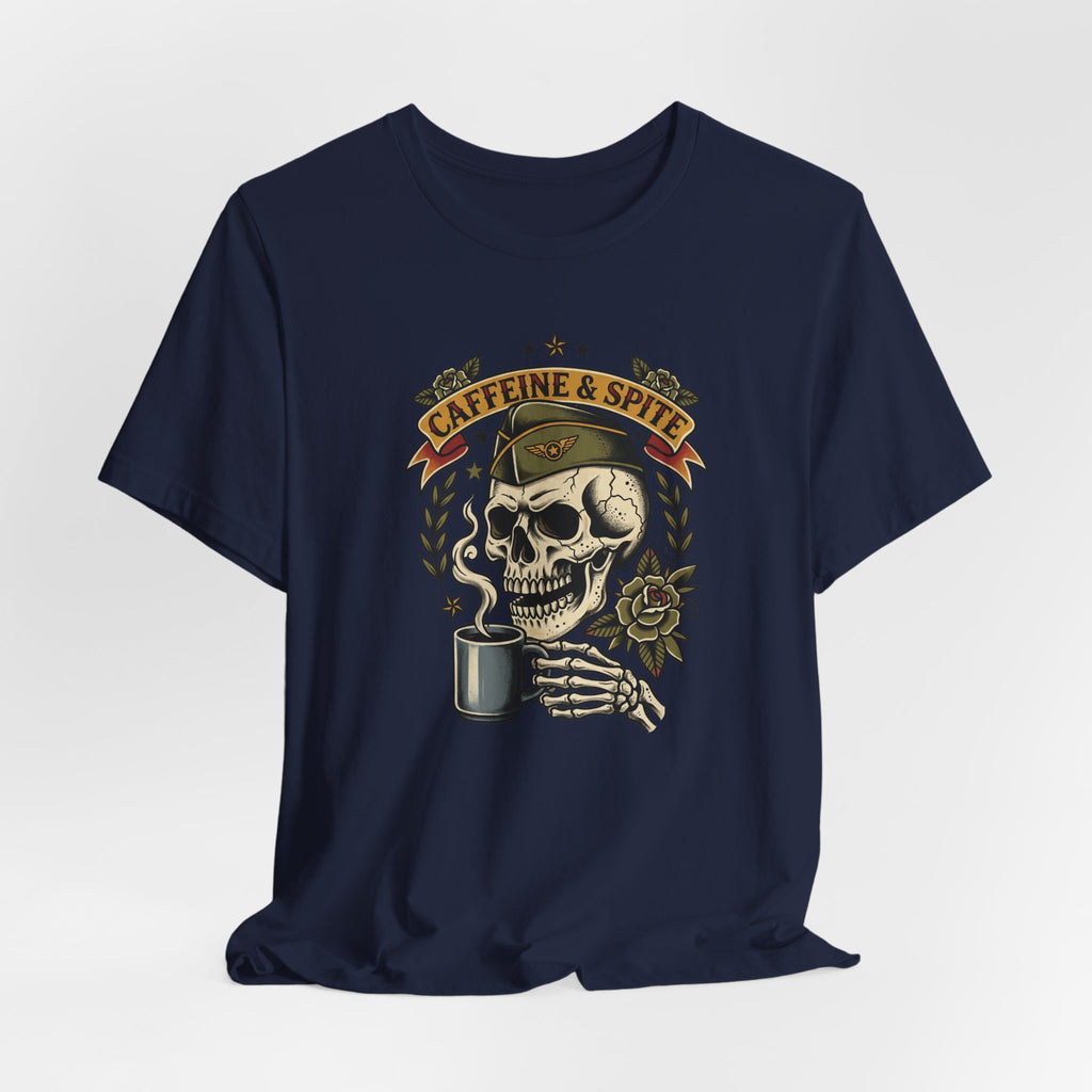 Navy crew-neck T-shirt featuring skull with coffee mug graphic