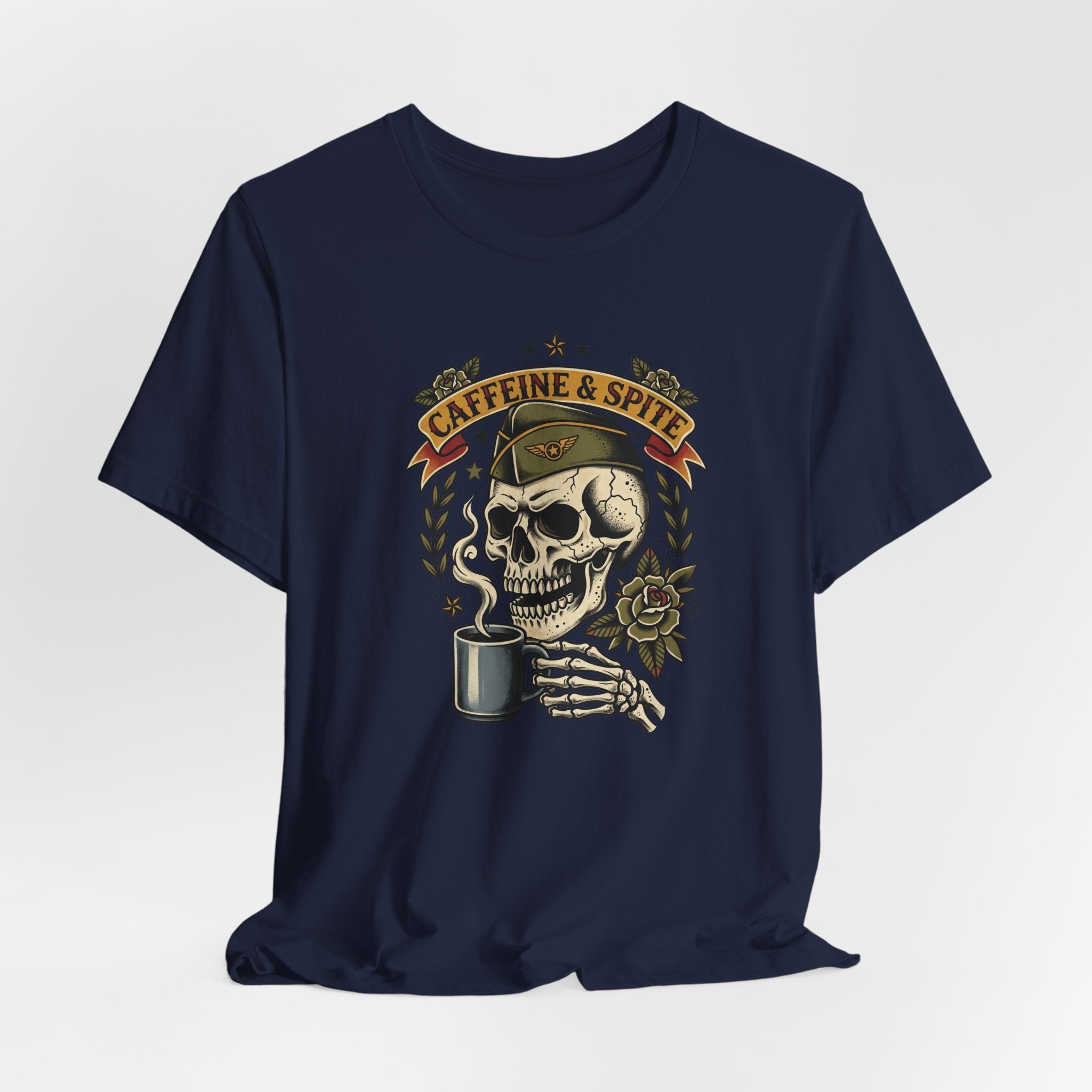 Navy crew-neck T-shirt featuring skull with coffee mug graphic