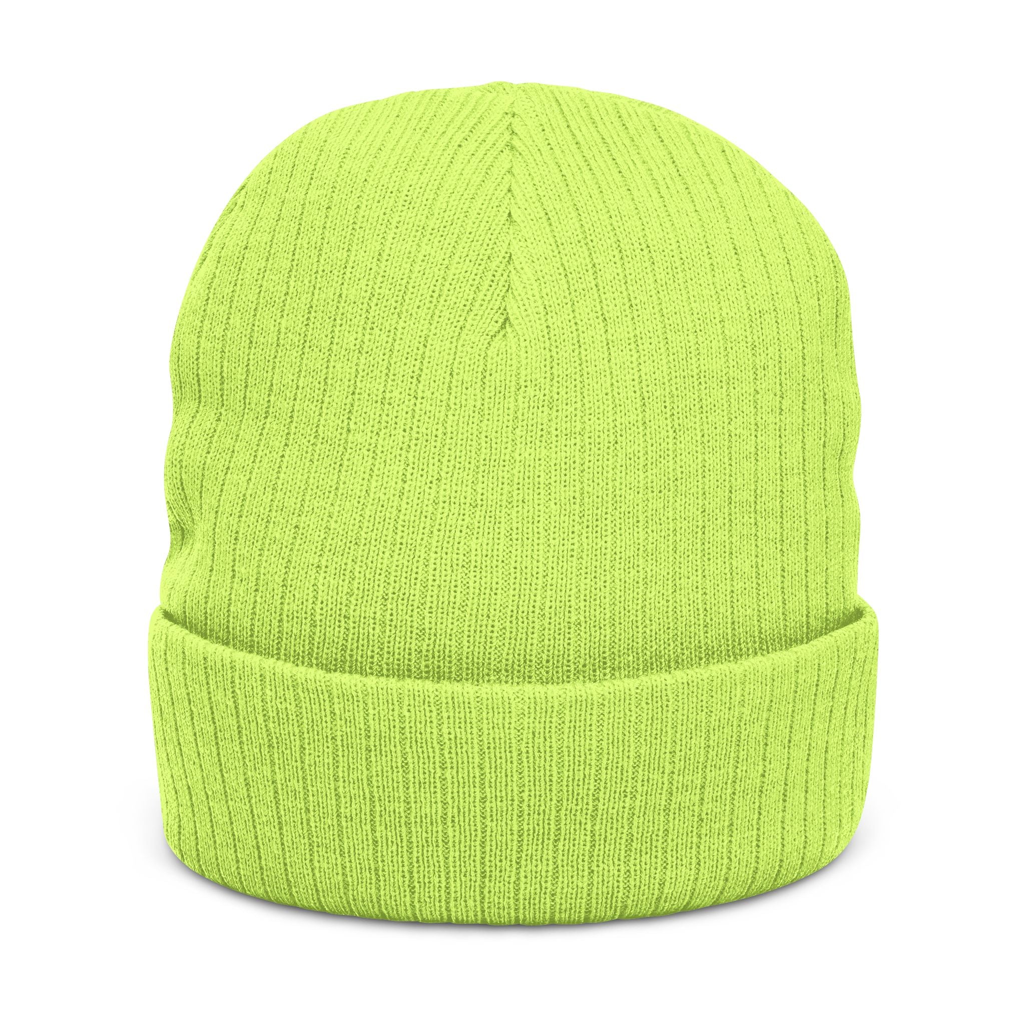 Acid-Green gerippte Strickmütze, unifarben ohne Logo, Umschlagbund