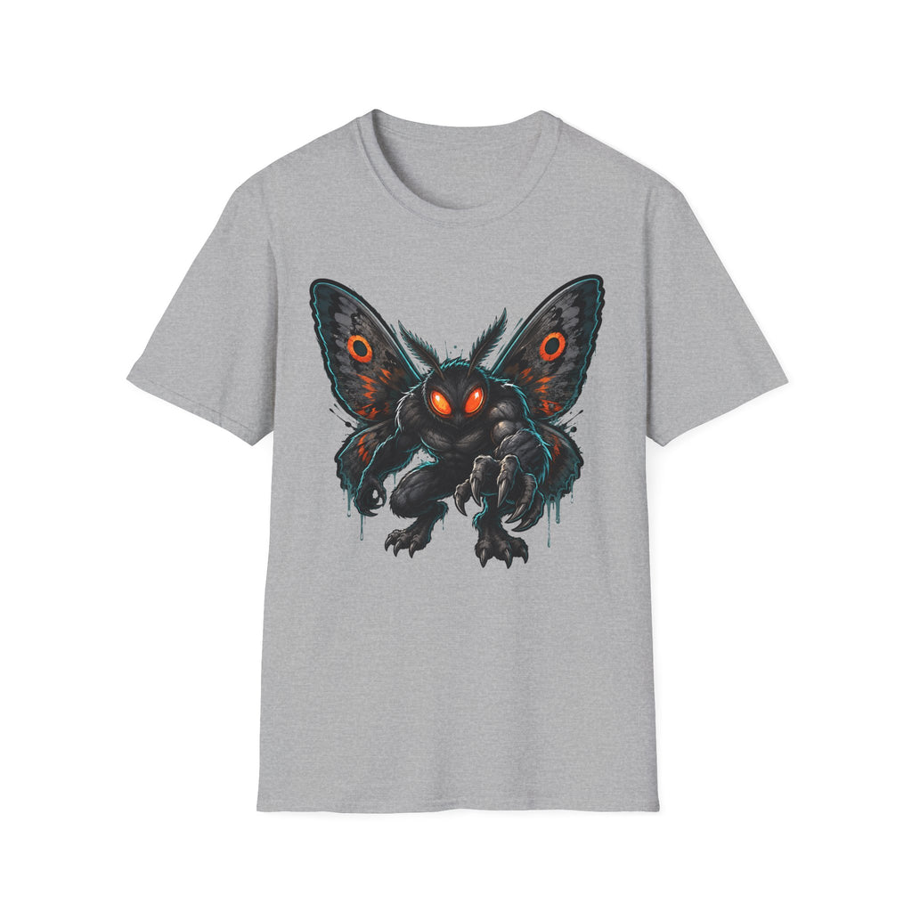 Light gray crewneck T-shirt featuring a dark moth monster graphic with glowing orange eyes.