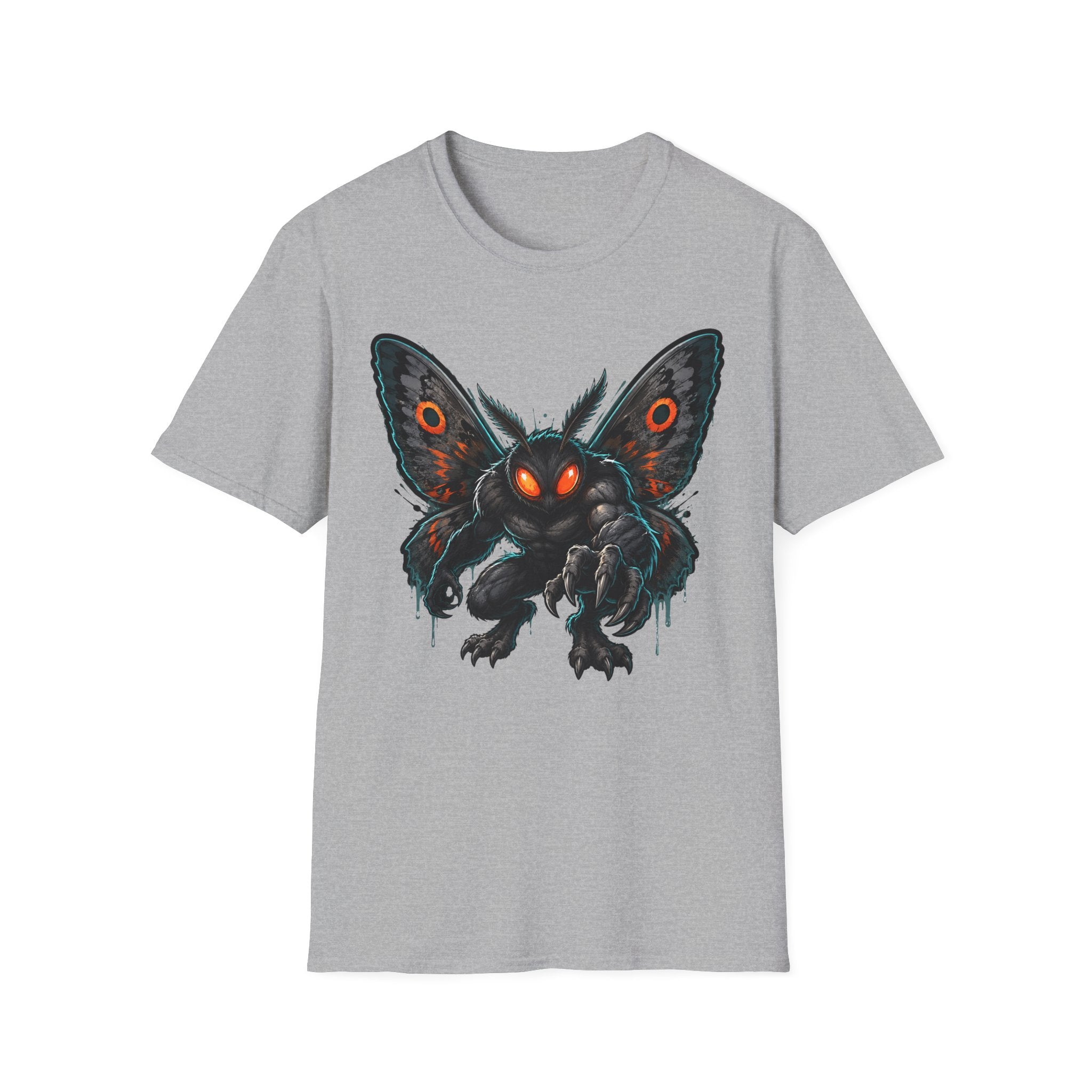 Light gray crewneck T-shirt featuring a dark moth monster graphic with glowing orange eyes.