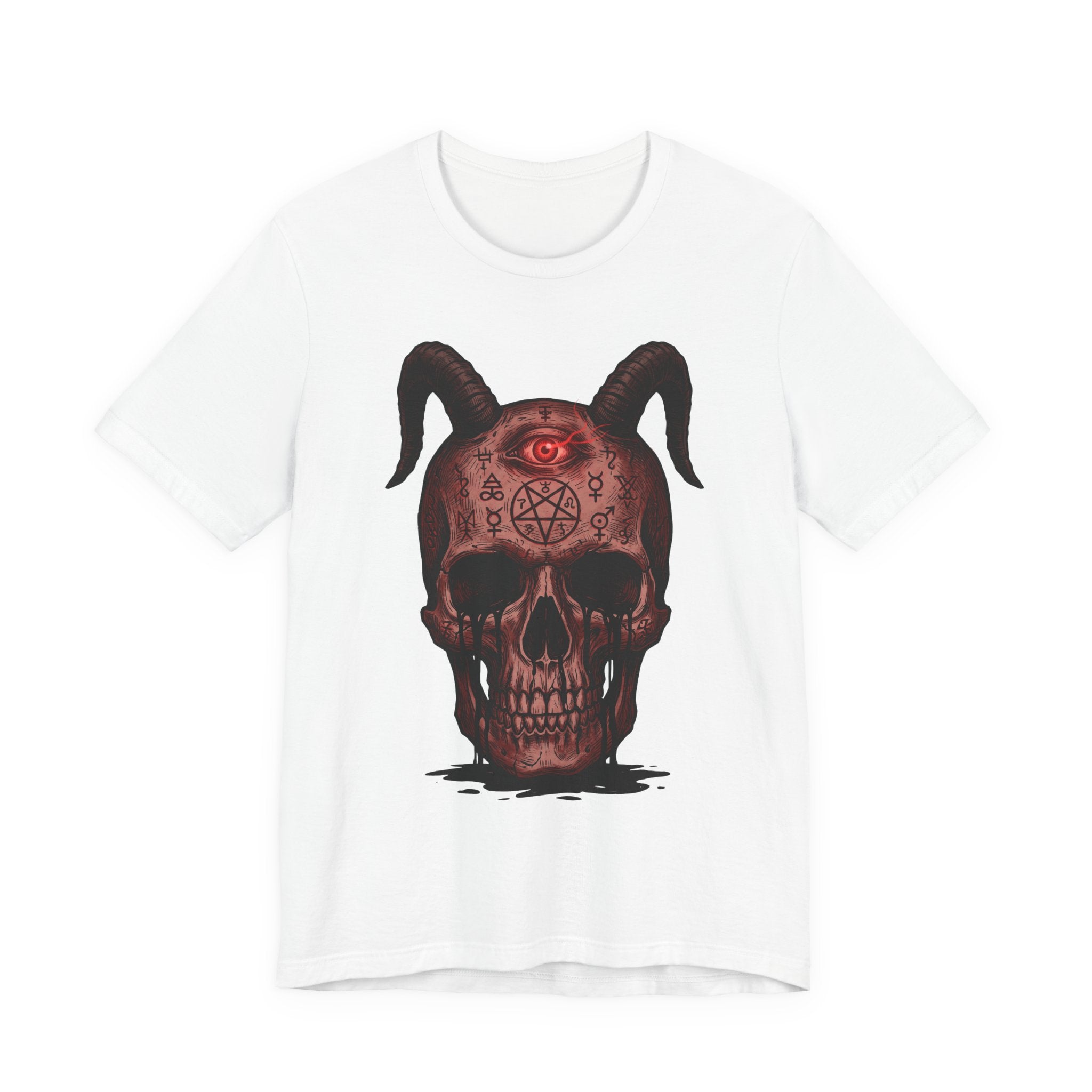 White unisex T-shirt with horned skull demon eye graphic
