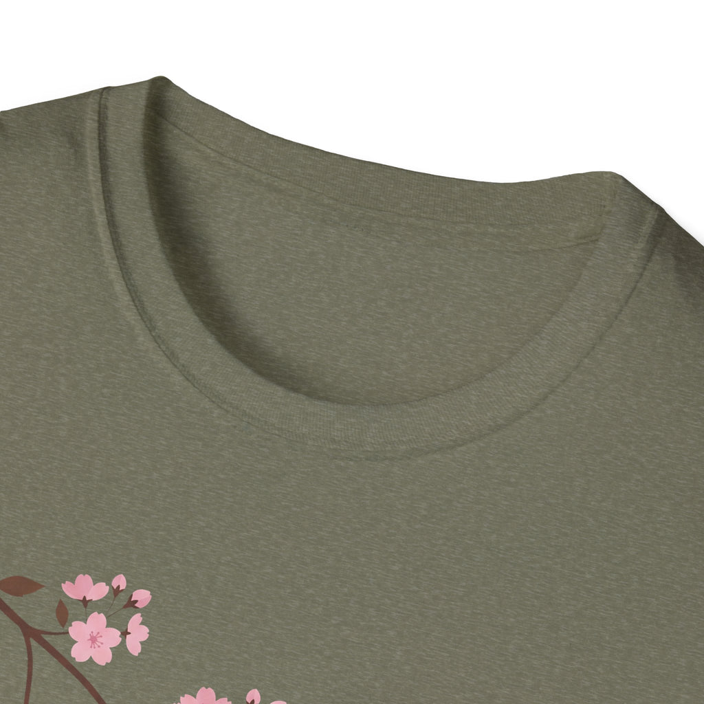 Olive green T-shirt neckline with partial pink cherry blossom branch