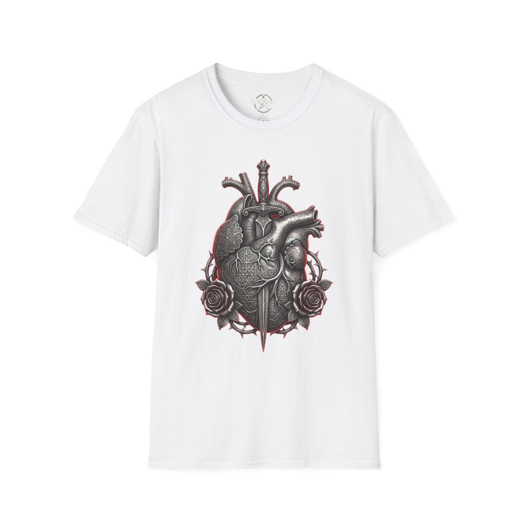 Anatomical heart and rose graphic T-shirt, white gothic medical illustration