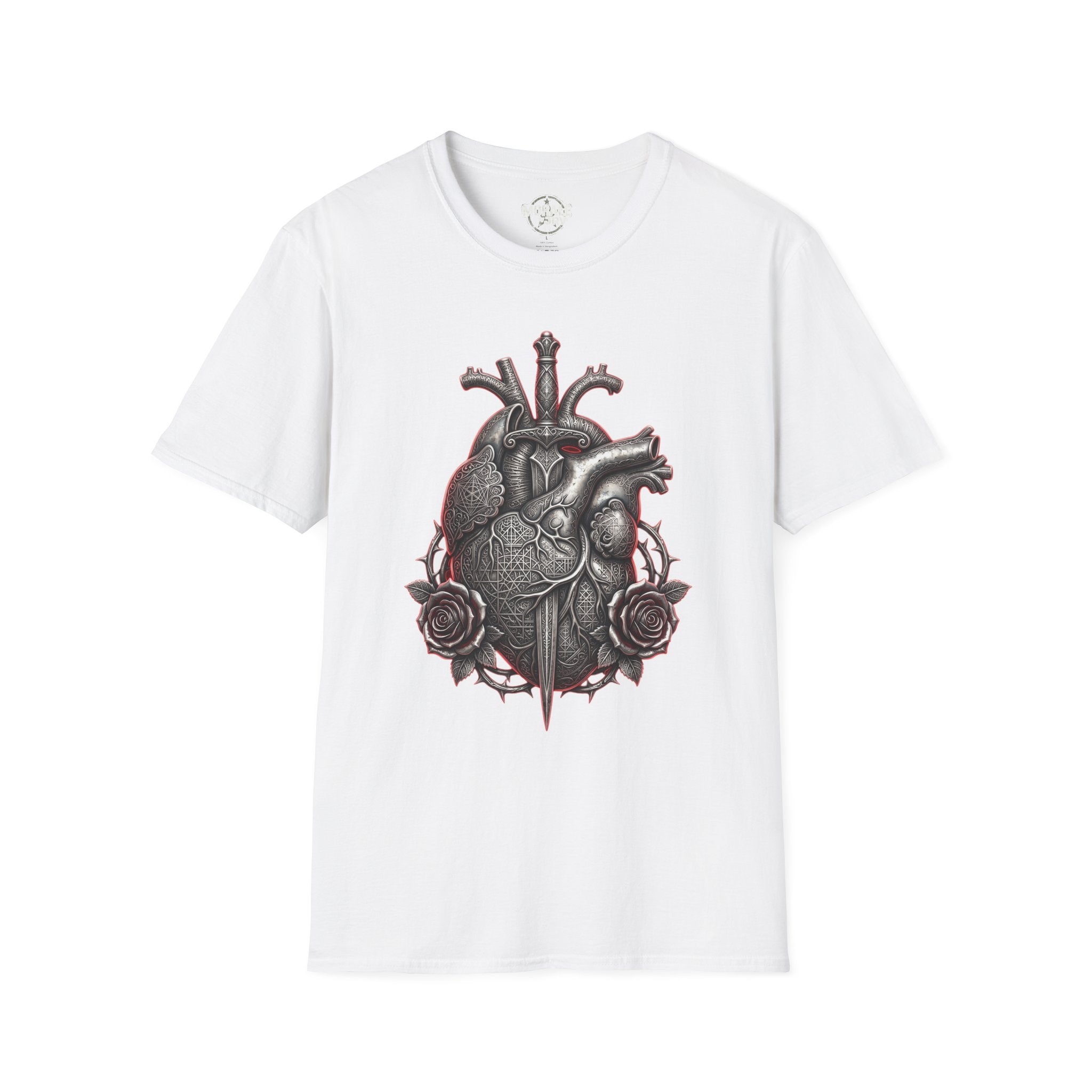 Anatomical heart and rose graphic T-shirt, white gothic medical illustration