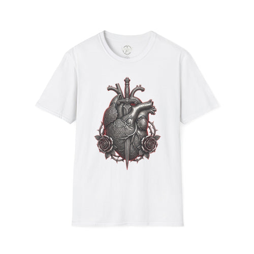 Anatomical heart and rose graphic T-shirt, white gothic medical illustration