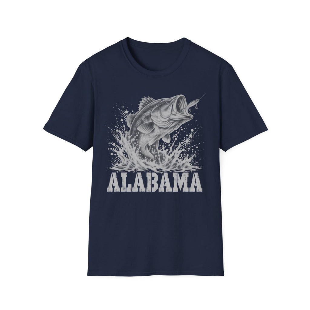 Navy fishing t-shirt with largemouth bass splash and 'ALABAMA' graphic